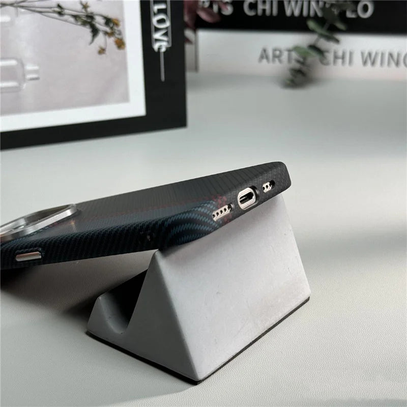 3D Carbon Fiber MagSafe case for iPhone 12-16 Pro Max, hard, wireless charging.