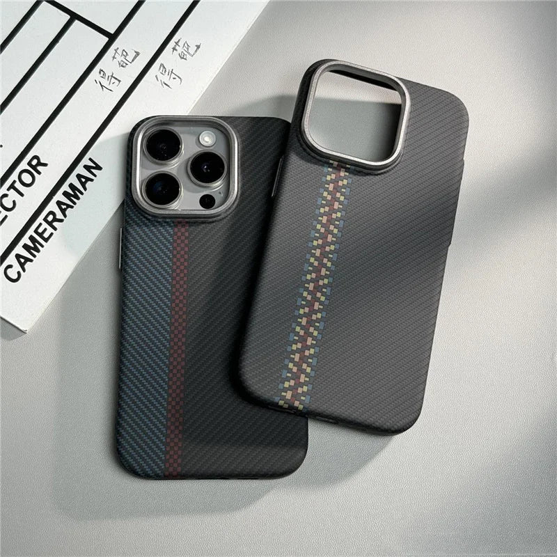 3D Carbon Fiber MagSafe case for iPhone 12-16 Pro Max, hard, wireless charging.