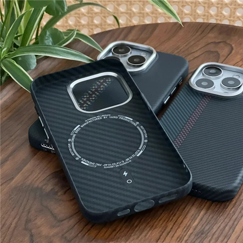 3D Carbon Fiber MagSafe case for iPhone 12-16 Pro Max, hard, wireless charging.