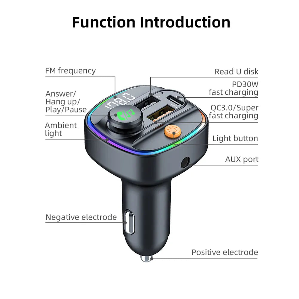 Bluetooth 5.3 FM Transmitter Car AUX Modulator MP3 Player with Fast Charge Adapter