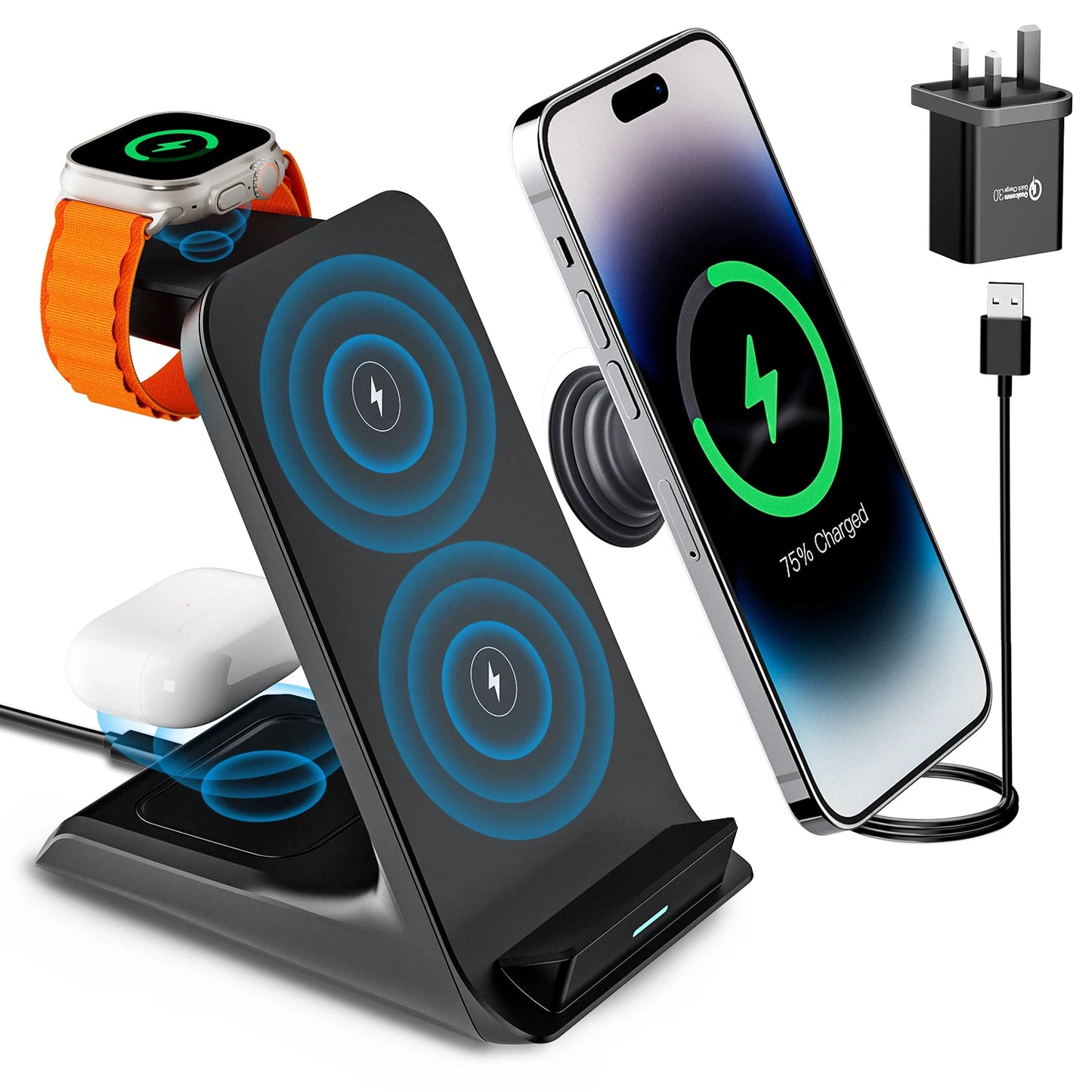 3-in-1 Fast Wireless Charger for iPhone 16/15/14/13 Pro Max, Apple Watch 9/8/7/6/5, AirPods 3/2