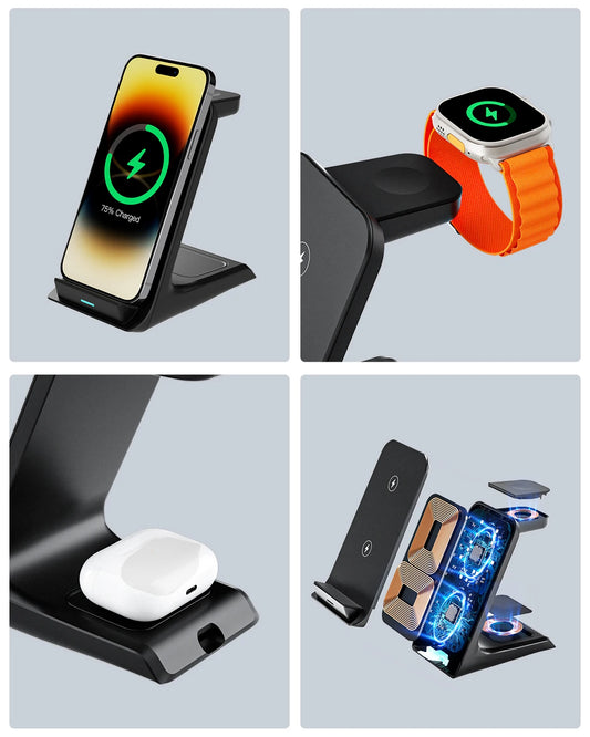 3-in-1 Fast Wireless Charger for iPhone 16/15/14/13 Pro Max, Apple Watch 9/8/7/6/5, AirPods 3/2